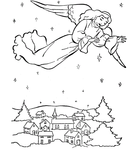 Anioł lata nad wioską obrazek do drukowania