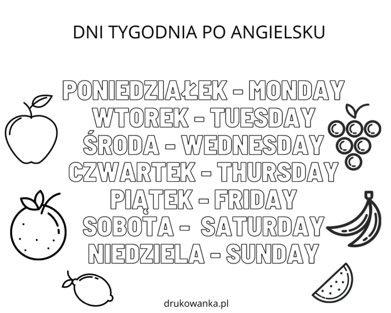 Kolorowanka Dni tygodnia po angielsku do druku i online