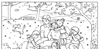 Rodzinny piknik piknik kolorowanka do drukowania