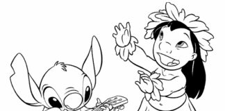 Stich gra na gitarze a Lilo tańczy stich gra na gitarze lilo śpiewa kolorowanka do drukowania