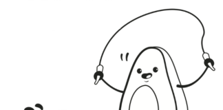 Owoce skaczą na skakance kolorowanka awokado owoc do druku dla dzieci