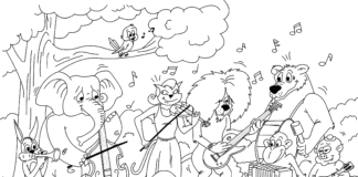 Orkiestra – zwierzaki grają na instrumentach kolorowanka orkiestra do druku instrumenty muzyczne