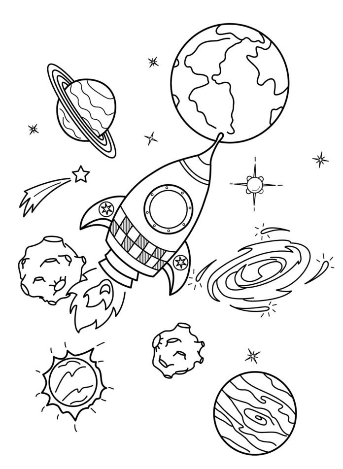 kolorowanka rakieta i planety w kosmosie do druku dla dzieci