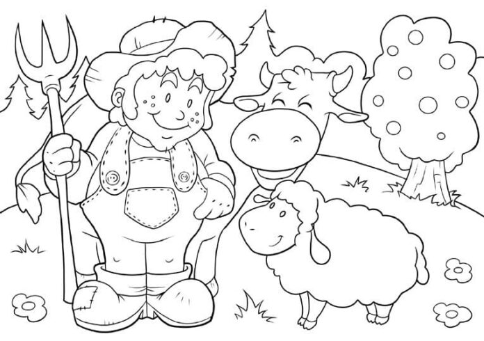 Kolorowanka online Farmer ze zwierzętami