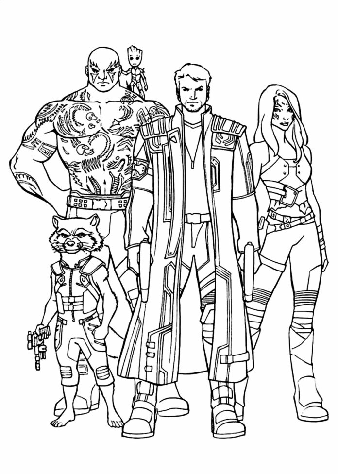 Kolorowanka online Groot, Rocket Raccoon, Star-Lord, Drax i Gamora