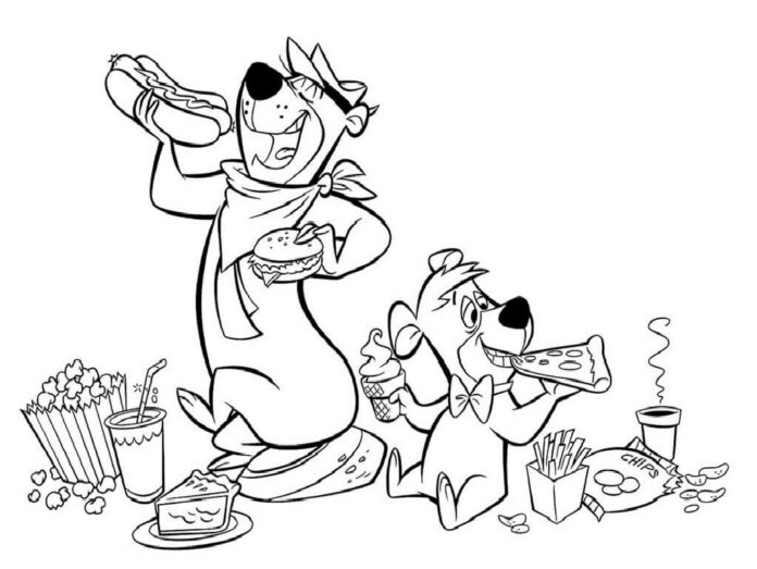 Kolorowanka Miś Yogi je obiad z Boo Boo do wydruku