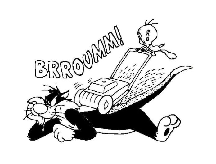 Kolorowanka Sylwester z Tweety i kosiarką do trawy do druku