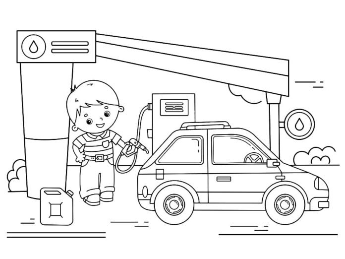 Kolorowanka Stacja Paliw - Tankowanie samochodu do druku