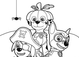 kolorowanka Chase z przyjaciółmi na halloween Paw Patrol do druku