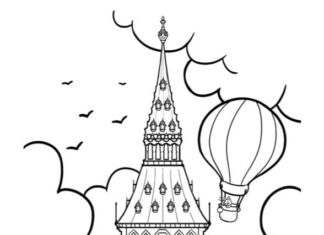 kolorowanka latający balon koło wieży zegarowej Big Ben w Londynie