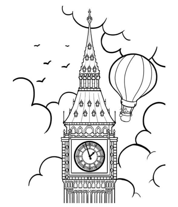 kolorowanka latający balon koło wieży zegarowej Big Ben w Londynie