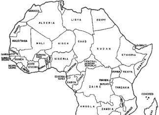 kolorowanka mapa afrykańskich państw do druku dla dzieci