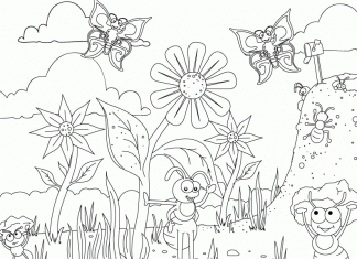 kolorowanka mrówki na łące z kwiatkami