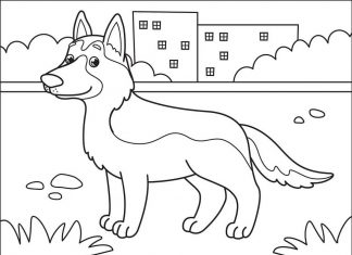 kolorowanka pies owczarek niemiecki chodzi przed blokami do druku