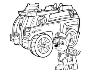 kolorowanka piesek Chase koło samochodu Paw Patrol