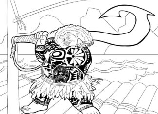 kolorowanka postać z bajki Moana z toporem w krztałcie haka