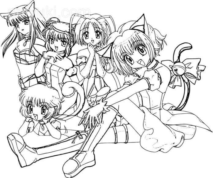 kolorowanka siedzące dziewczyny z bajki tokyo mew mew