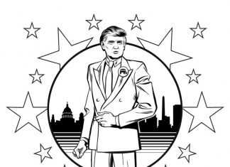 Donald Trump na tle miasta Kolorowanka Prezydent USA Donald Trump do druku