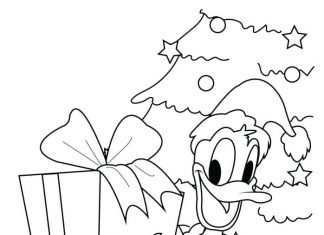 Kaczor Donald z prezentem przy choince