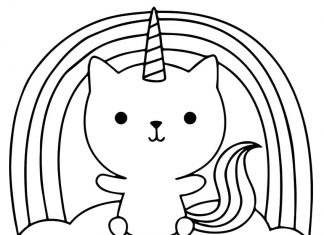 Kot Jednorożec na chmurce kolorowanka Kot Jednorożec na chmurce do druku dla dzieci
