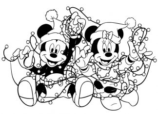 Myszka Miki i Mini owinięte w lampki świąteczne