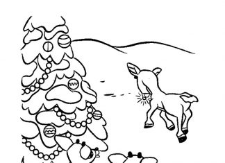 kolorowanka Rudolf z kolegami koło choinki do druku