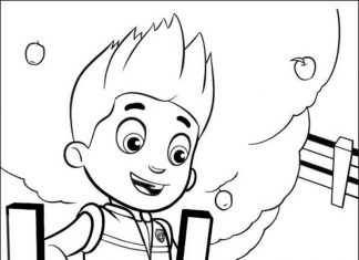 kolorowanka Ryder zbiera jabłka na drabinie