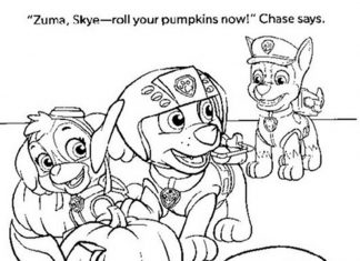 Skye z dyniami kolorowanka Skye z dyniami dla dzieci do druku