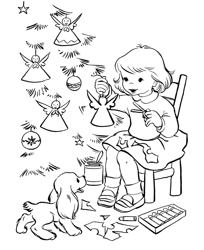 kolorowanka dziewczyna ubiera choinke