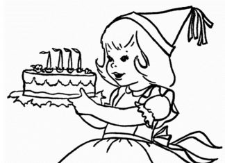 kolorowanka dziewczynka idzie z tortem