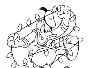 Kaczor Donald zaplątany w lampki świąteczne