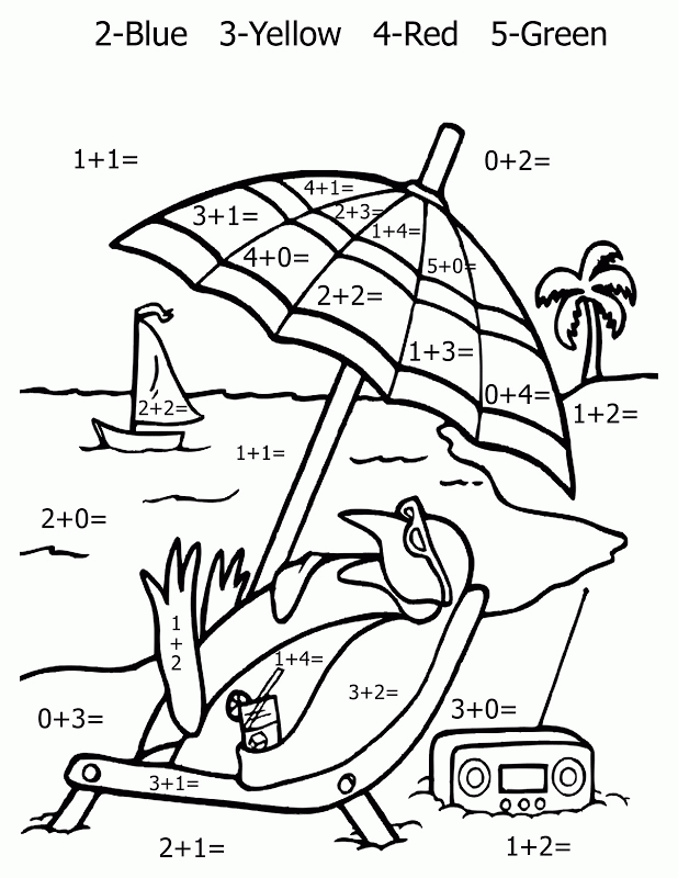 kolorowanka pingwin na plaży według rozwiązań matematycznych