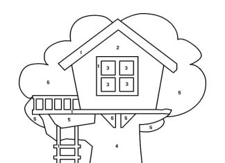 kolorowanka pomaluj według cyfr dom na drzewie