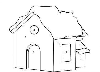 kolorowanka pomaluj według cyfr dom w śniegu