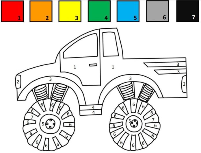 kolorowanka pomaluj według legendy monster truck