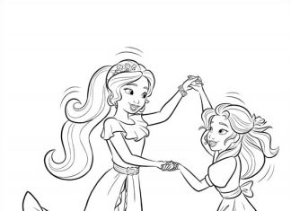 Postacie bajki Elena z Avalor tańczą kolorowanka posracie bajki Elena z Avalor tańczą do druku