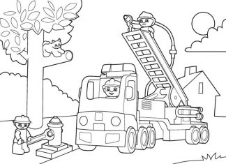 kolorowanka strażacy ściągają kota w lego duplo