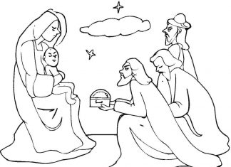 kolorowanka trzej Królowie dają dary Jezusowi