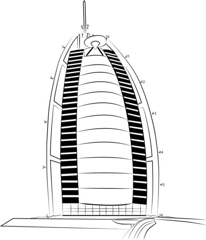 kolorowanki nowoczesna budowla hotel żagiel Dubaj