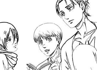 Postacie anime Armin Arlert iMikasa Ackerman oraz Eren Yeager kolorowanka