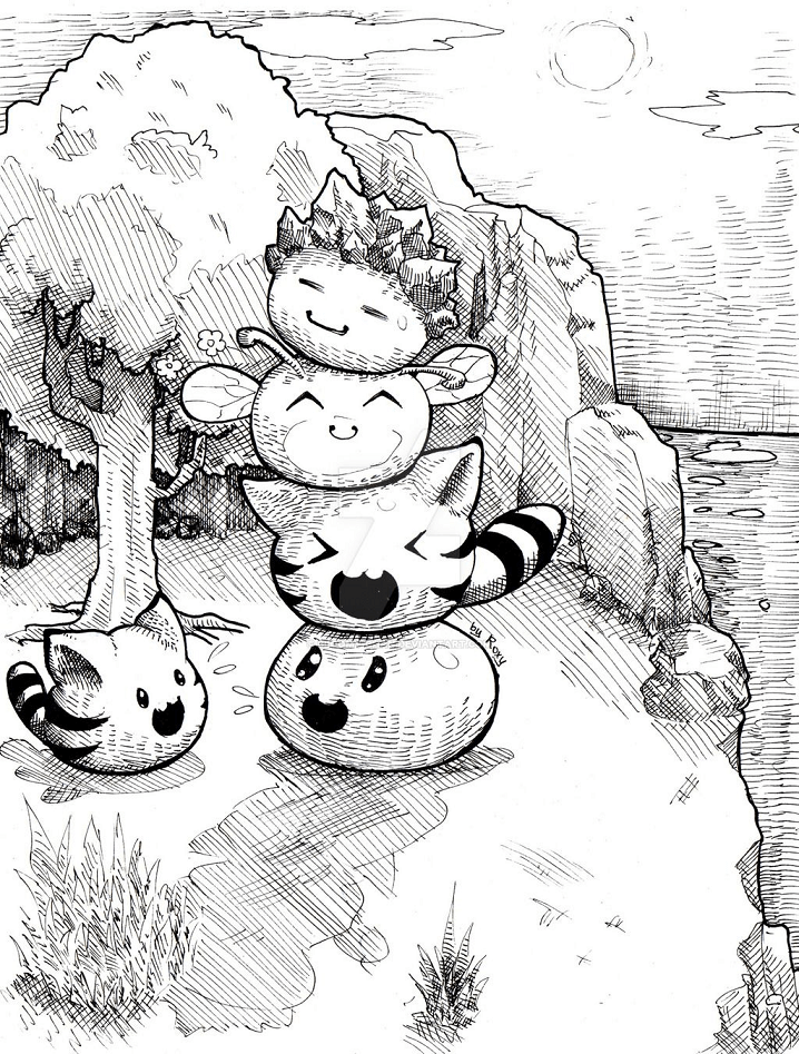 Kotek i stworki obok drzewa kolorowanka