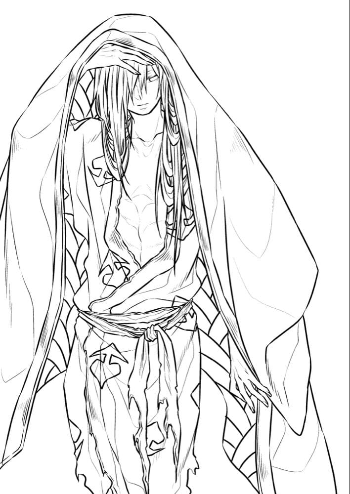 Postać anime w płaszczu i długich włosach