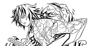 Kolorowanki Giyu Tomioka Walczący bohater z długim samurajskim mieczem