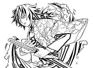 Kolorowanki Giyu Tomioka Walczący bohater z długim samurajskim mieczem