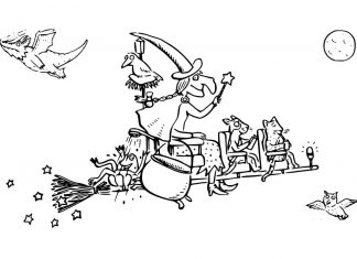 Wiedźma leci na miotle z kotami