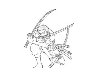 Kolorowanki Roronoa Zoro Wojownik z wieloma mieczami gotowy do ataku kolorowanka