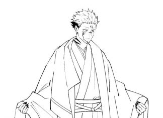 Kolorowanki Jujutsu Kaisen Zamyślony - ubrany w wyjatkowe szaty Jujutsu Kaisen